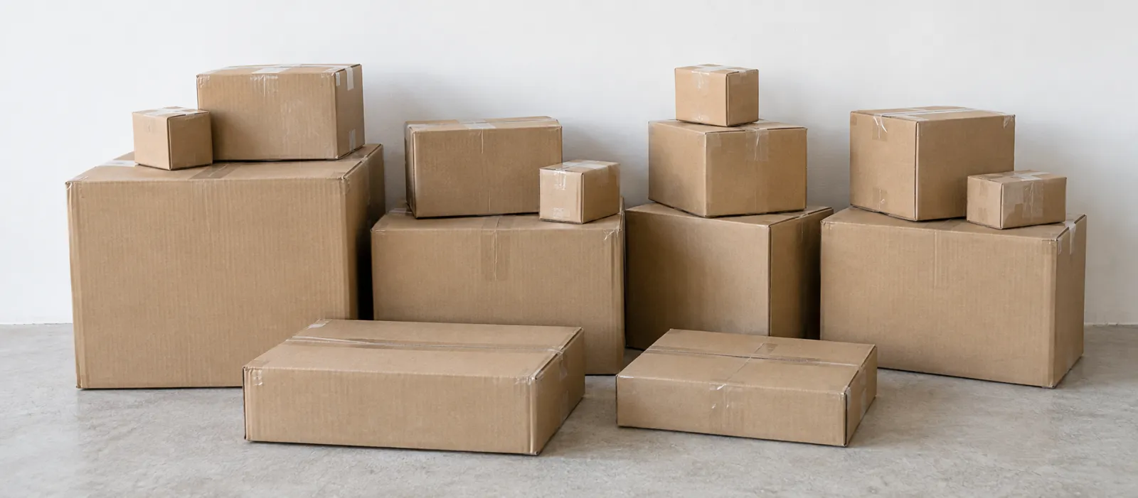 Plain unmarked cartons of mixed sizes, sealed and stacked