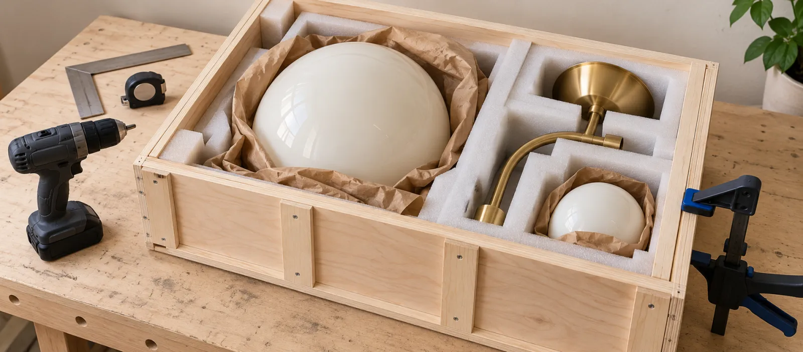 A custom timber crate with foam inserts protecting glass and a brass light fitting
