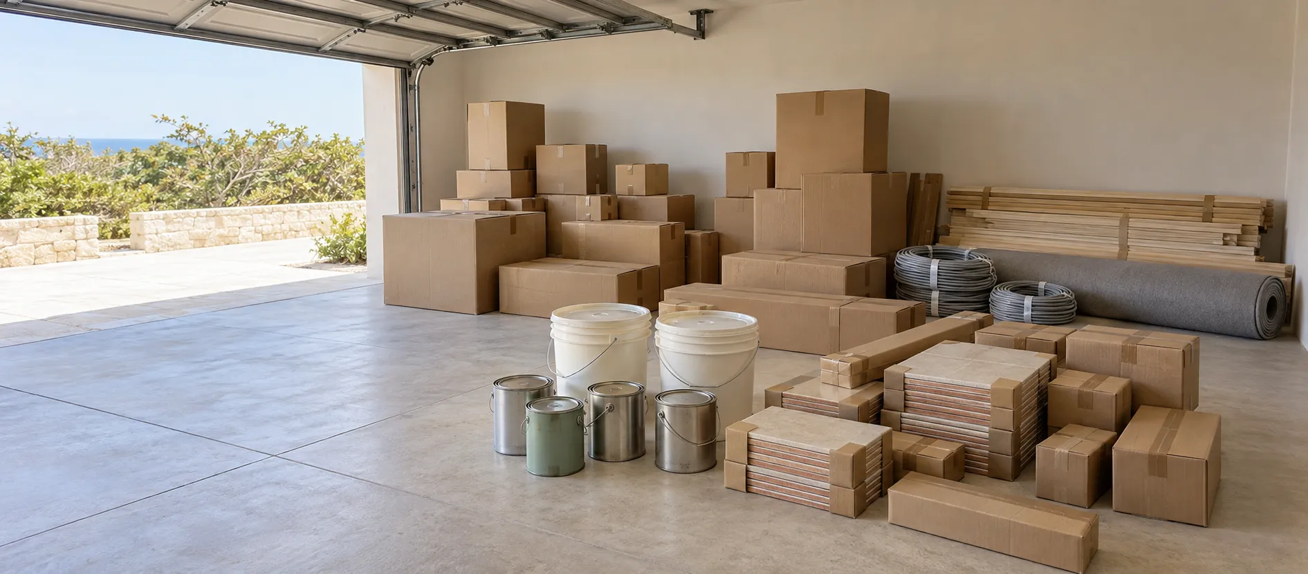 A garage at a villa with the door open, a whole shipment unloaded inside — cartons, tile, timber, cable and paint