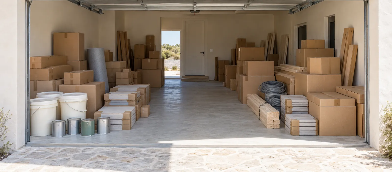 Building and fit-out materials stacked at a property — cartons, tile, timber, cable and paint