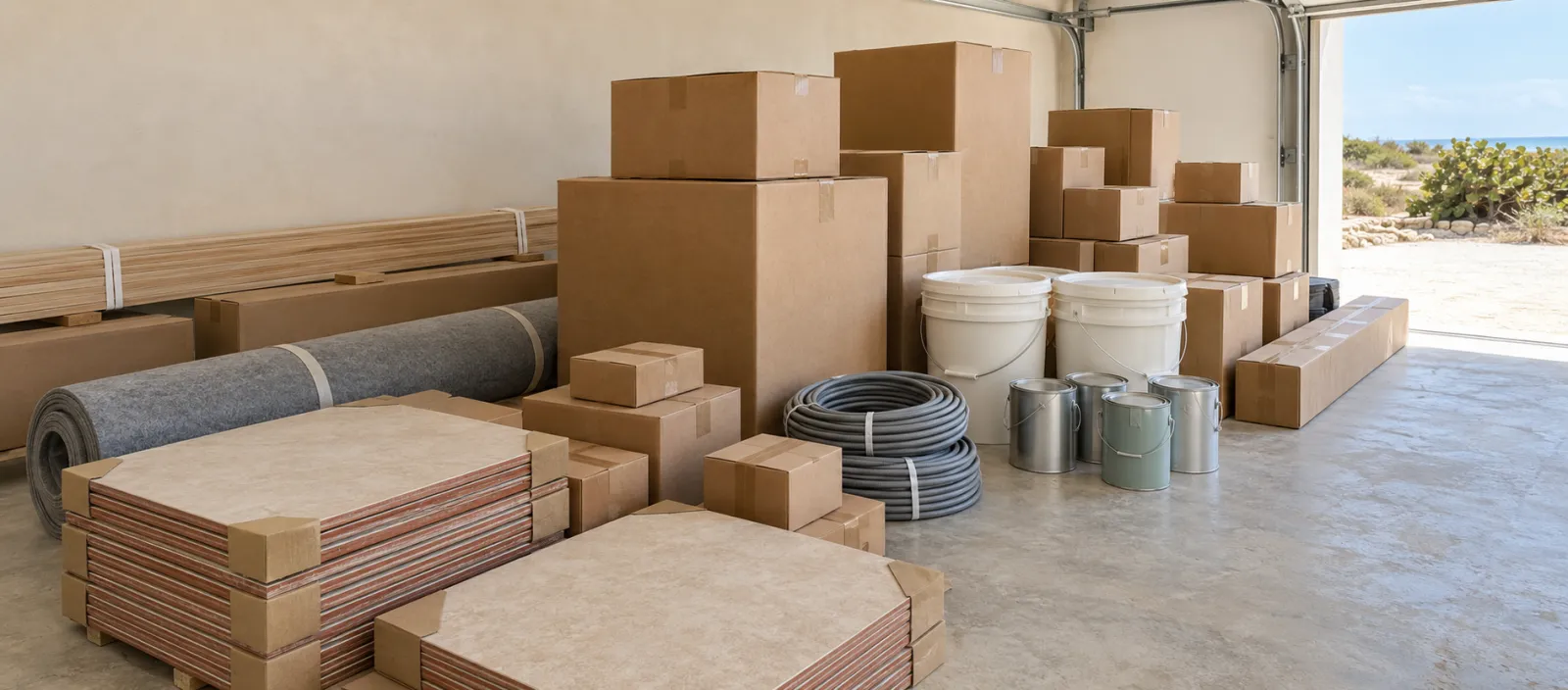 Building and fit-out materials stacked at a property