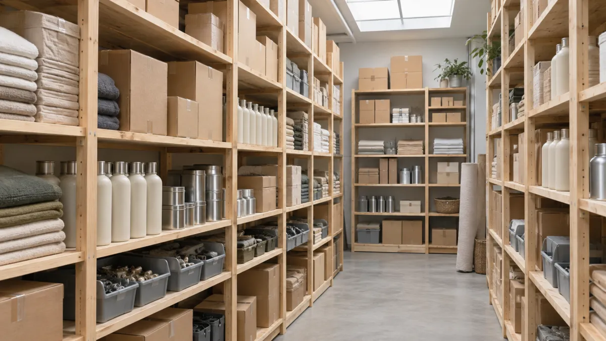A small stockroom, timber shelving racked with boxes, textiles and parts