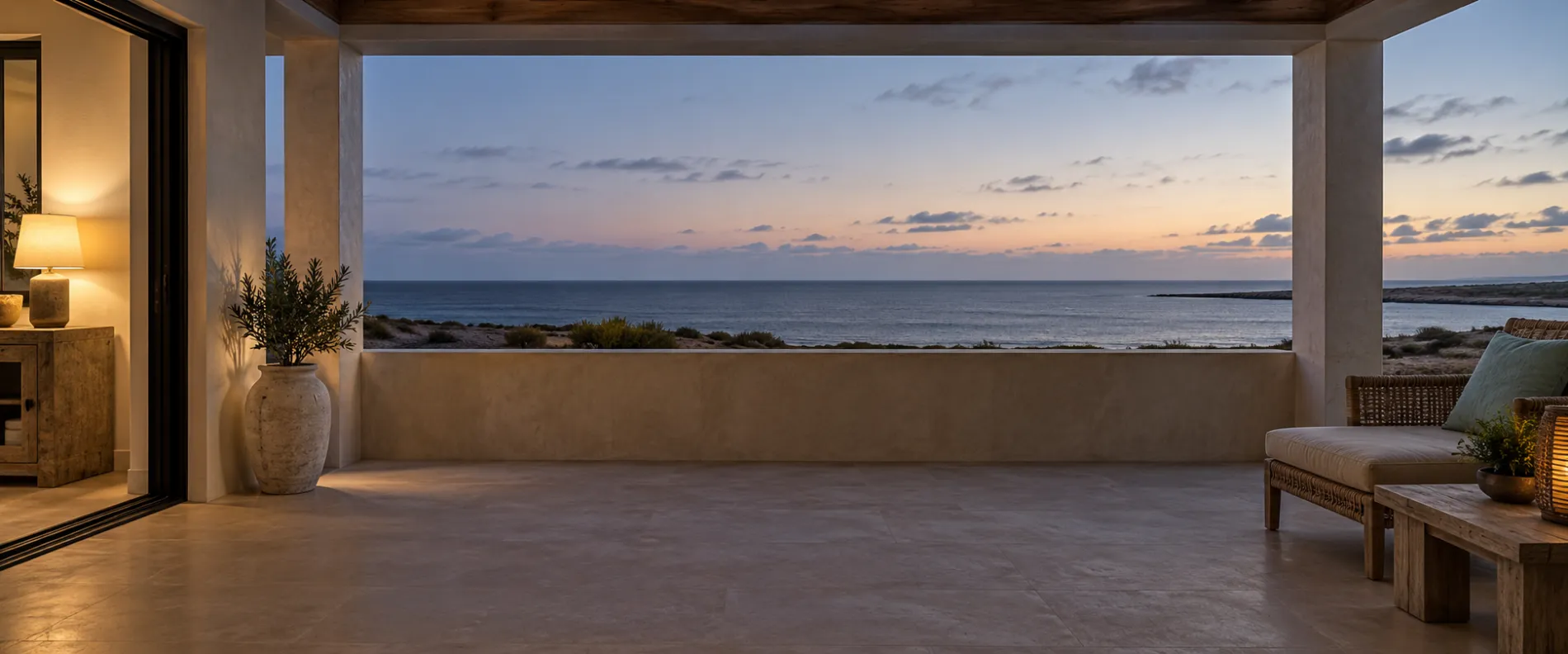 An empty villa veranda at dusk looking out to the sea