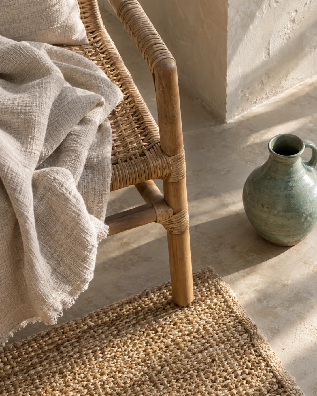 A woven rug, a rattan chair and a linen throw in raking morning light
