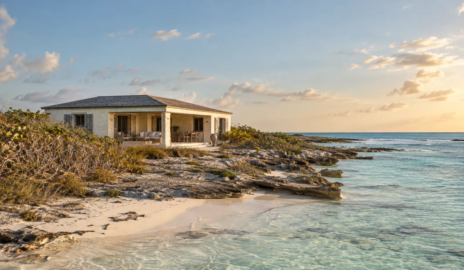 A low villa on the Anguilla coast at golden hour, dry scrub and pale shallow water beyond