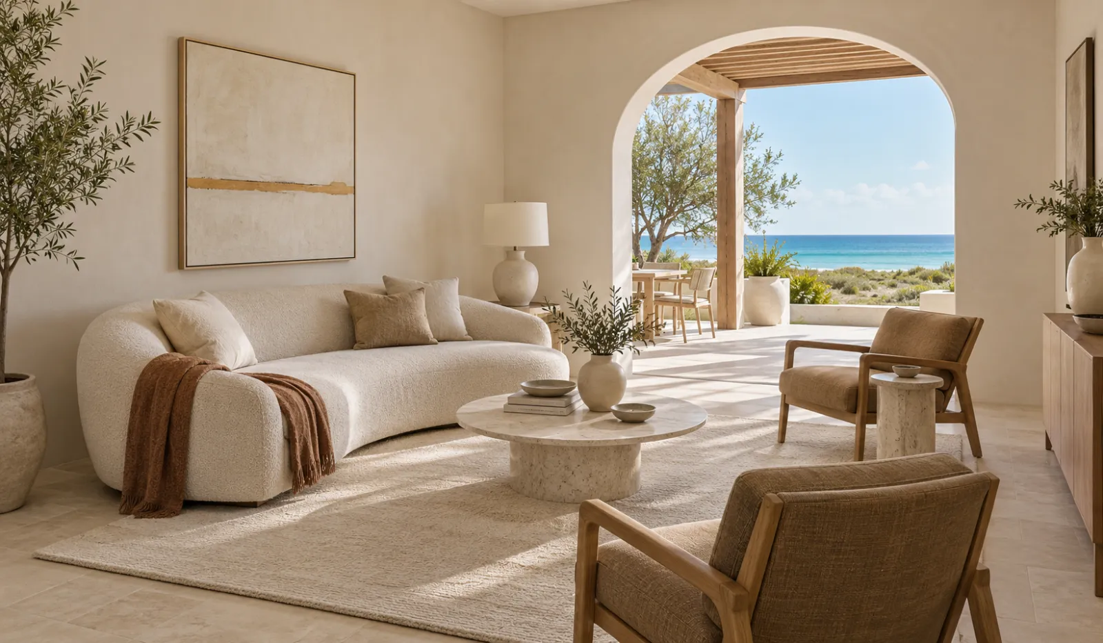 A furnished villa living room in Anguilla, doors open to the sea